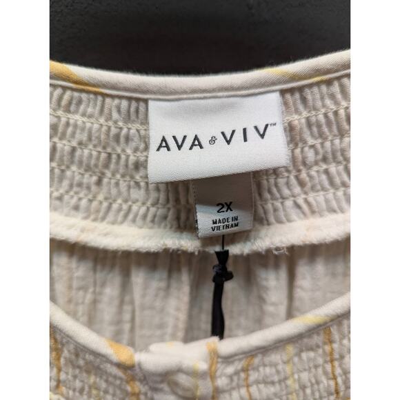 Ava & Viv Size 2X Plus Blouse Top Yellow Cream Stripe Cotton blouson long sleeve - Picture 3 of 6